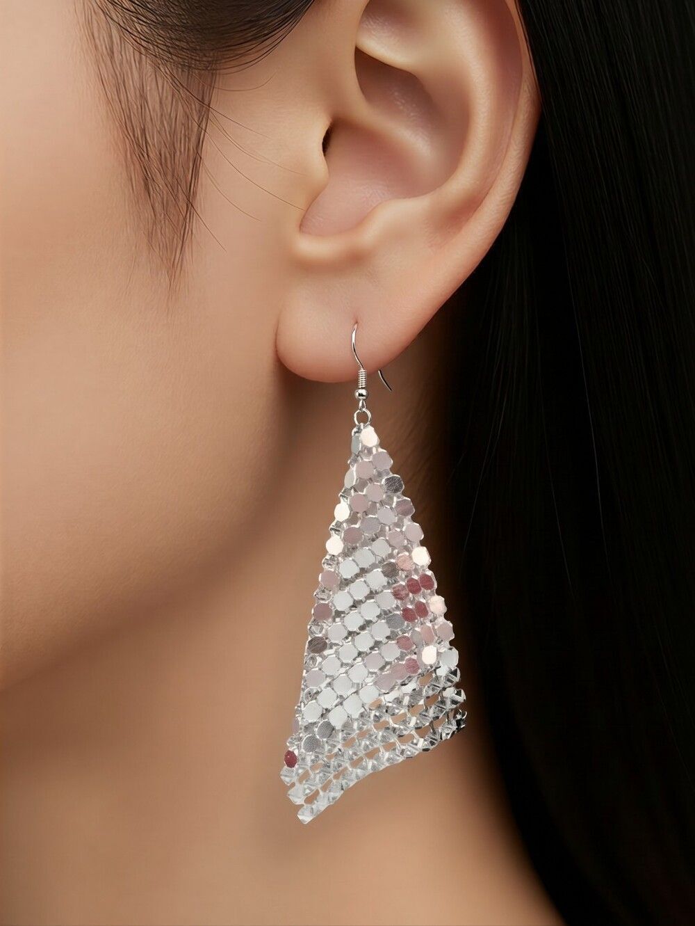 Silver Sparkly Sequin Mesh Statement Dangle Earrings Minimal Elegance Party Glam